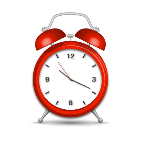 Realistic red alarm clock with shadow isolated on white background. 3D vector illustration.のイラスト素材