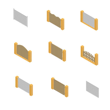 Set of spans fences of various materials. Wood, steel and bricks . Isolated on white background. Elements of buildings and landscape design. 3D isometric style, vector illustration.のイラスト素材
