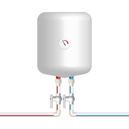 Plastic pipes for hot and cold water with a boiler and valves. Front view, vector illustration.のイラスト素材
