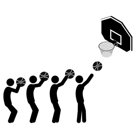 Set of stick figures playing basketball on a white background. Flat style, vector illustration.のイラスト素材