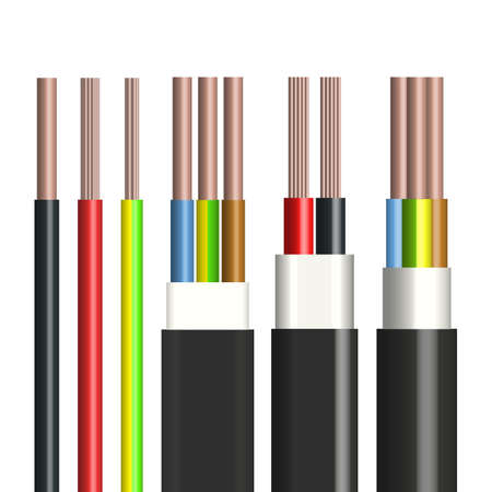 3D flat and round cable with insulated copper conductors. Front view, vector illustration.のイラスト素材