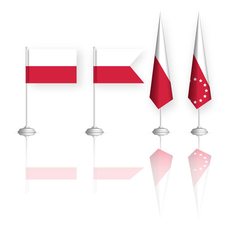 Polish flag in four versions with mirror reflection. Front view, vector illustration.のイラスト素材