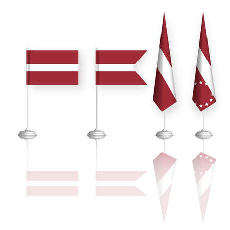 Latvian flag in four versions with mirror reflection. Front view, vector illustration.のイラスト素材