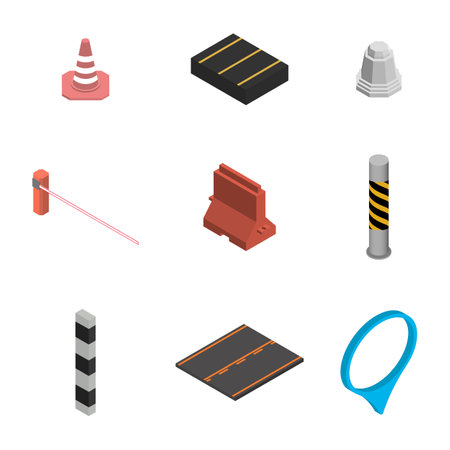 Set of different signs road repairs, isolated on white background. Under construction design elements. Flat 3D isometric style, vector illustration.のイラスト素材