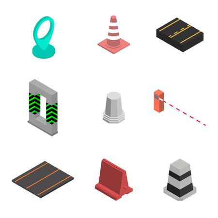 Set of different signs road repairs, isolated on white background. Under construction design elements. Flat 3D isometric style, vector illustration.のイラスト素材