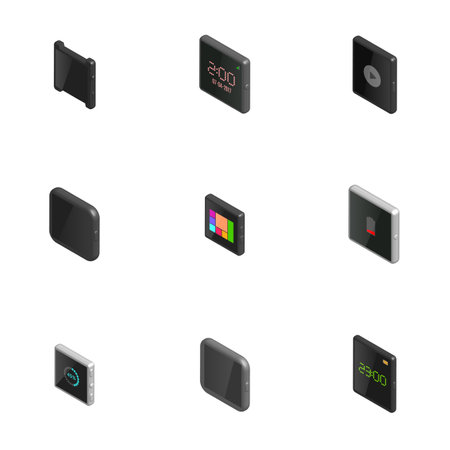 Set of different smart watches, isolated on white background. Elements design of digital devices. 3D isometric style, vector illustration.のイラスト素材