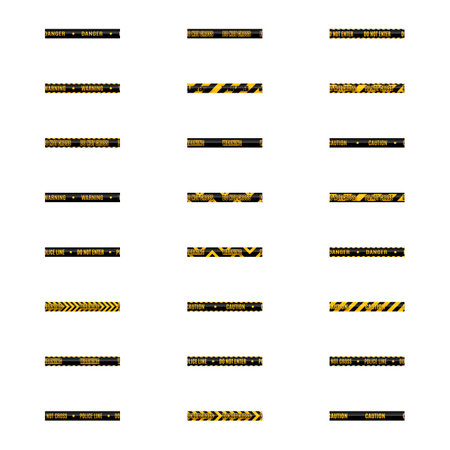 Set of seamless yellow and black warning tapes with text do not cross, warning, caution. Isolated on white background. Design elements for reconstruction, vector illustration.のイラスト素材