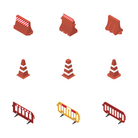 Under construction design elements. Set of different signs road repairs, isolated on white background. Flat isometric style, 3D vector illustration.のイラスト素材