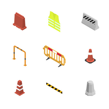 Under construction design elements. Set of different signs road repairs, isolated on white background. Flat isometric style, 3D vector illustration.のイラスト素材