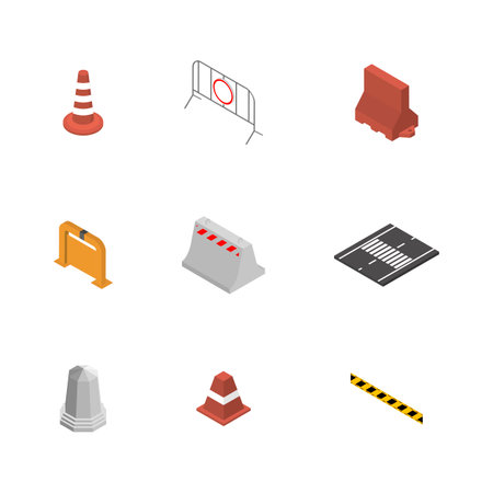 Under construction design elements. Set of different signs road repairs, isolated on white background. Flat isometric style, 3D vector illustration.のイラスト素材