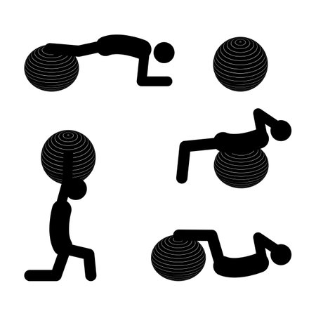 Set of stick figures aerobics ball exercises on a white background. Flat style, vector illustration.のイラスト素材