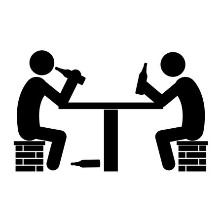 Set of stick figures, black mans silhouettes on a white background. Drinking alcoholic beverages, vector illustration.のイラスト素材