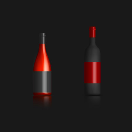 Photorealistic bottles of red wine with mirror reflection. Front view, vector illustration.のイラスト素材