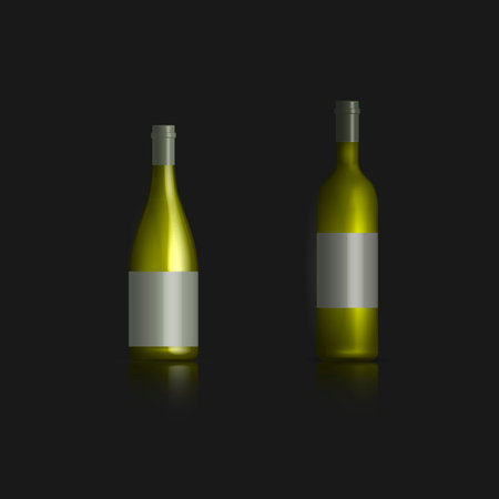Photorealistic bottles of white wine with mirror reflection. Front view, vector illustration.のイラスト素材