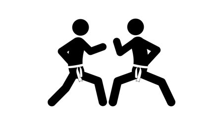 Set of stick figures, karate martial art, black silhouettes on white background, flat vector illustration.のイラスト素材