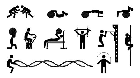 Stick figures, big sports set. Black silhouettes on white background, flat vector illustration.のイラスト素材