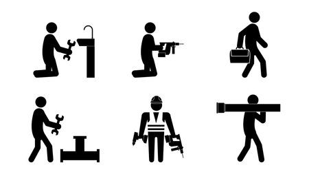Set of stick figures, plumbing and repair, flat vector illustration.のイラスト素材