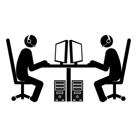 Set of stick figures, computer club and call center isolated on white background, flat vector illustration.のイラスト素材