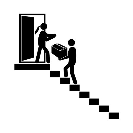 Black and white stick figure, flat vector illustration. Concept of delivery, moving service, logistics, courier and transportation. Minimalistic pictogram style.のイラスト素材