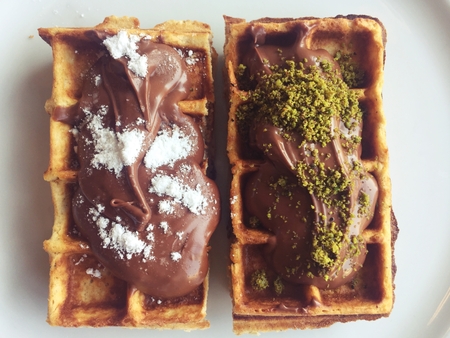 Breakfast with delicious wafflesの写真素材