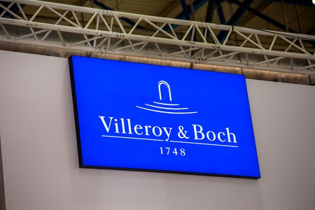 Moscow, Russia - March, 2018: Villeroy & Boch logo company sign on the wall. Villeroy & Boch is a...