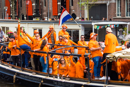 Amsterdam, Netherlands - April, 2018: People on the boat celebrate Kings day in Amsterdam city, Netherlandsのeditorial素材