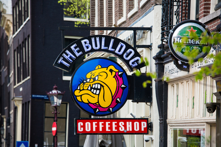 Amsterdam, Netherlands - April, 2018: The famous coffeshop Bulldog in Amsterdam city, Netherlandsのeditorial素材