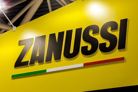 Moscow, Russia - February, 2018: Zanussi logo company sign on the wall. Zanussi is an Italian producer of home appliancesのeditorial素材