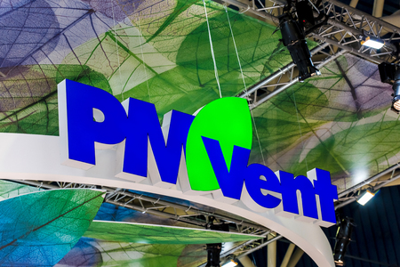 Moscow, Russia - February, 2018: PM Vent logo company sign on the wall. Company PM VENT specializes in solving different problems in the sphere of ventilation systemsのeditorial素材