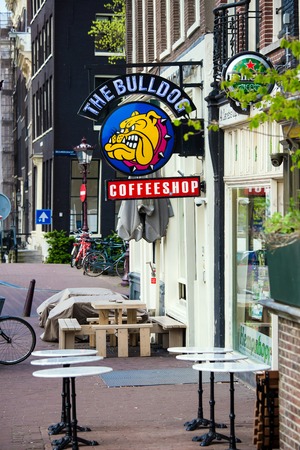 Amsterdam, Netherlands - April, 2018: The famous coffeshop Bulldog in Amsterdam city, Netherlandsのeditorial素材