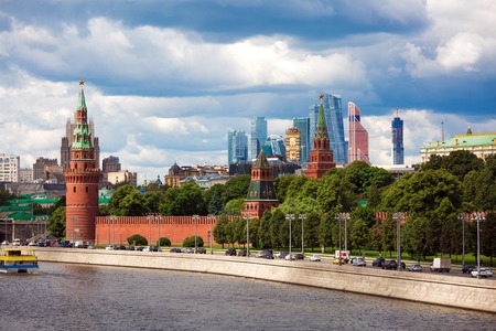Moscow, Russia - June, 2018: Moscow city view with red Kremlin towers and wallのeditorial素材