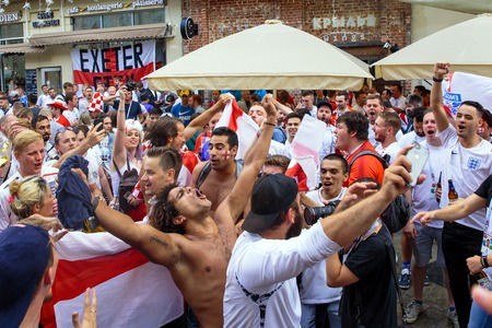 Moscow, Russia - July, 2018: English football fans on world cup championship in Moscow, Russia before the game Croatia-Englandのeditorial素材