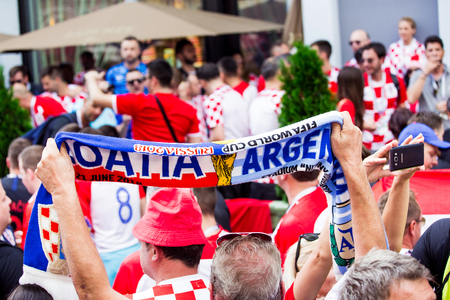 Moscow, Russia - June, 2018: Croatian football fans on world cup championship in Moscow, Russia before the game Croatia-Englandのeditorial素材