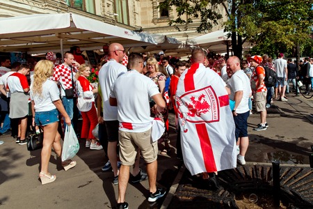 Moscow, Russia - June, 2018: Croatian and english football fans on world cup championship in Moscow, Russia before the game Croatia-Englandのeditorial素材