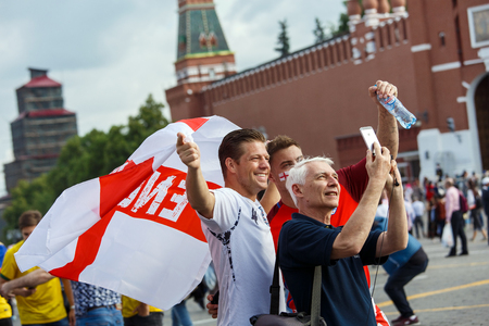 Moscow, Russia - June, 2018: English football fans on world cup championship in Moscow, Russia before the game Croatia-Englandのeditorial素材
