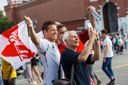 Moscow, Russia - June, 2018: English football fans on world cup championship in Moscow, Russia before the game Croatia-Englandのeditorial素材