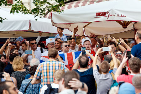 Moscow, Russia - June, 2018: Croatian and english football fans on world cup championship in Moscow, Russia before the game Croatia-Englandのeditorial素材