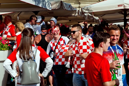 Moscow, Russia - June, 2018: Croatian and english football fans on world cup championship in Moscow, Russia before the game Croatia-Englandのeditorial素材