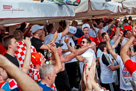 Moscow, Russia - June, 2018: Croatian and english football fans on world cup championship in Moscow, Russia before the game Croatia-Englandのeditorial素材