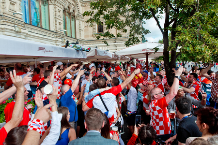 Moscow, Russia - June, 2018: Croatian and english football fans on world cup championship in Moscow, Russia before the game Croatia-Englandのeditorial素材