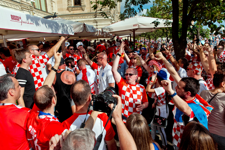 Moscow, Russia - June, 2018: Croatian and english football fans on world cup championship in Moscow, Russia before the game Croatia-Englandのeditorial素材