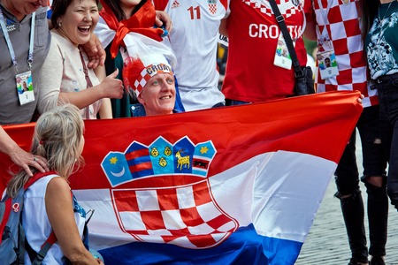 Moscow, Russia - June, 2018: Croatian and english football fans on world cup championship in Moscow, Russia before the game Croatia-Englandのeditorial素材
