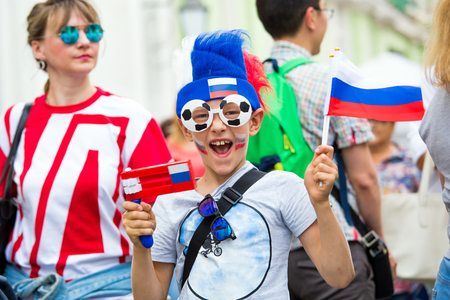 Moscow, Russia - July, 2018: Russian football fans on world cup championship in Moscow, Russiaのeditorial素材