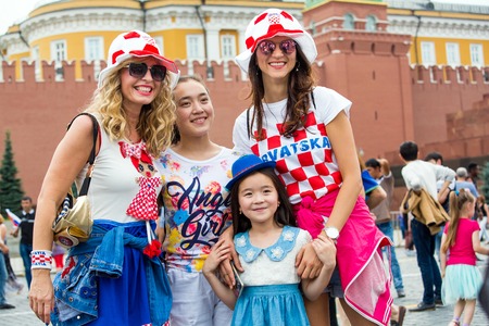 Moscow, Russia - July, 2018: Croatian football fans on world cup championship in Moscow, Russiaのeditorial素材