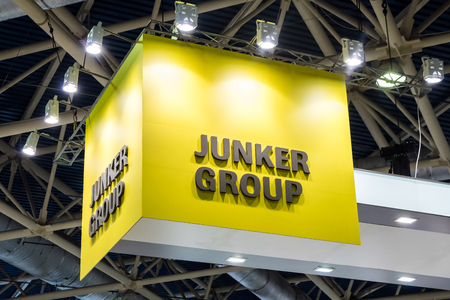 Moscow, Russia - May, 2018: Junker Group logo sign on the wall. Company that develop, produce and sell high-precision grinding machines for the metalworking industryのeditorial素材