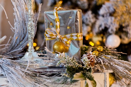 Present box on christmas interior backgroundの写真素材