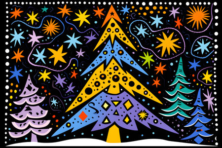 Bright vivid cartoon abstract christmas tree illustration backgroundの素材
