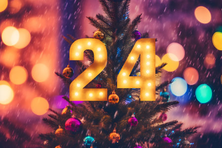 Bright festive background with 2024 numbers on New year treeの素材