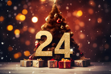 New year tree festive background with 2024 numbersの素材