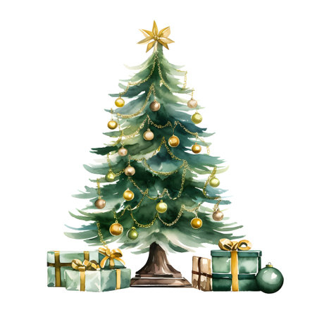 Green watercolored style new year tree decorated, isolated on white backgroundの素材